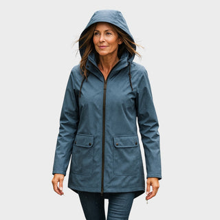 Manteau imperméable à capuche bleu avec fermeture zippée et poches plaquées