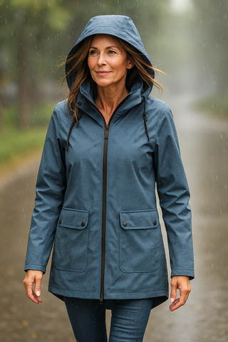 Veste imperméable bleue à capuche, zip central, deux poches, cordons, portée.