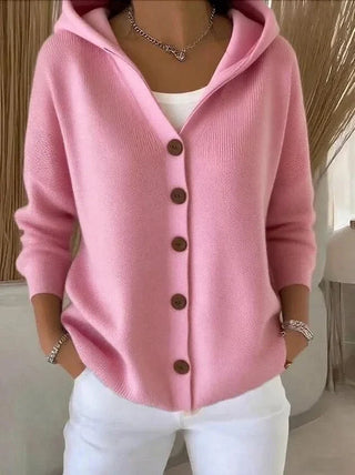 Cardigan NYLAH™ rose à capuche, boutonnage devant et manches 3/4 côtelées