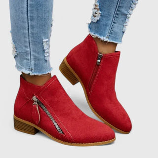 Bottines femme rouges à zip latéral et talon bas, dessus en suède