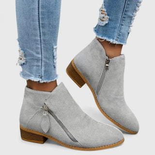 Bottines femme grises à zip latéral et talon bas, dessus en suède