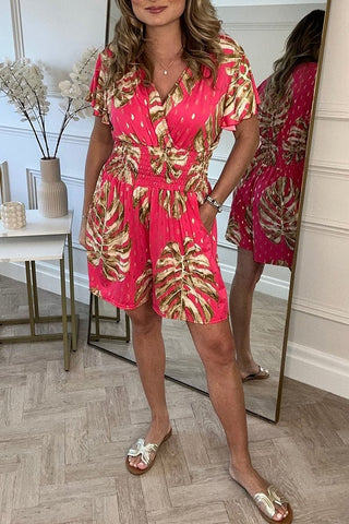 Robe d'été courte avec imprimé tropical & taille smockée – Légère & Décontractée