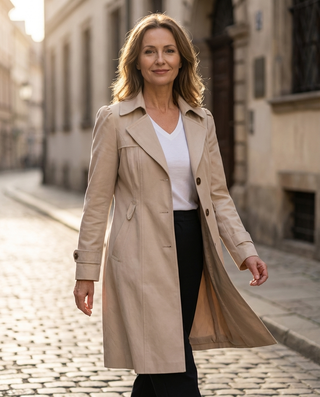 Trench beige clair mi-long sur modèle, ceinture ajustée et boutons décoratifs.