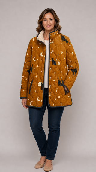 Veste matelassée à motif de chats, couleur ocre, fermeture zippée, manches longues