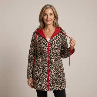 Manteau réversible à capuche, motif léopard beige et noir, intérieur rouge