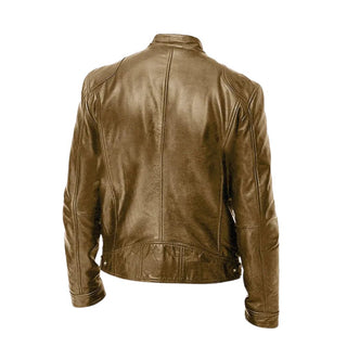 Veste en cuir décontractée marron olive, fermeture zippée, col montant, deux poches