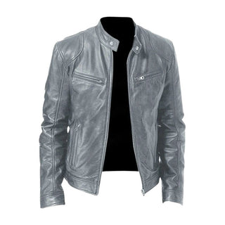 Veste en cuir décontractée grise, fermeture zippée, col montant, poches zippées