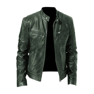 Veste en cuir décontractée vert foncé, fermeture zippée, poches poitrine, col montant