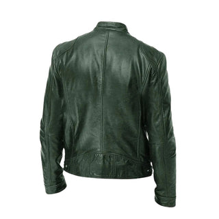 Veste en cuir décontractée vert foncé, vue de dos, fermeture zippée, bas côtelé