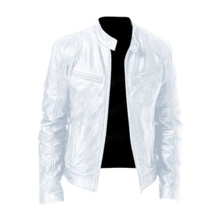 Veste en cuir décontractée blanche, fermeture zippée, poches poitrine, col montant