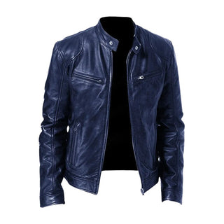 Veste en cuir décontractée bleu foncé, fermeture zippée, poches poitrine, col montant