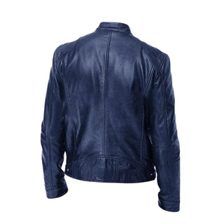 Veste en cuir décontractée bleu foncé, vue de dos, fermeture zippée, ourlet côtelé