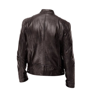 Veste en cuir marron foncé Kyle™ vue de dos, coutures et bord inférieur côtelé.