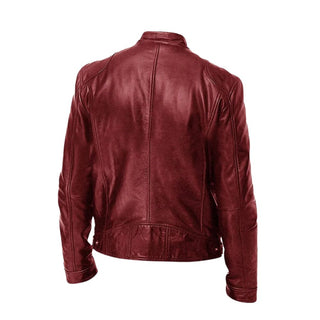 Veste en cuir bordeaux Kyle™ vue de dos, coutures et bord inférieur côtelé.