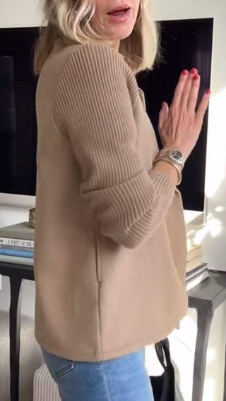 Blazer Camryn™ à manches tricotées, beige, col châle, boutonné sur l’avant