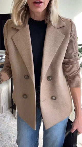 Blazer Camryn™ à manches tricotées, beige, col châle, boutons ronds visibles