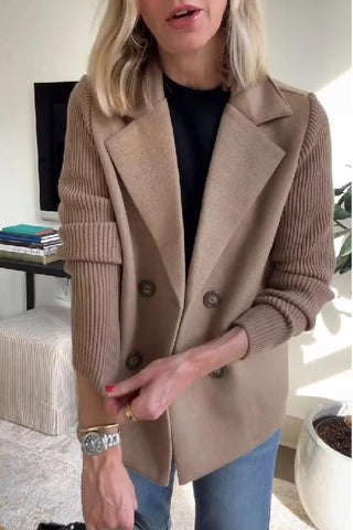 Blazer Camryn™ à manches tricotées, beige, col châle, 4 boutons sur l’avant
