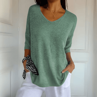 Pull femme ample à col V vert, manches trois-quarts, maille fluide