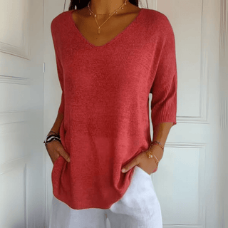 Pull femme ample à col V rouge, manches trois-quarts, maille légère