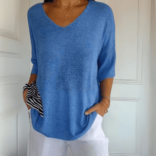 Pull femme ample à col V bleu, manches trois-quarts, maille légère