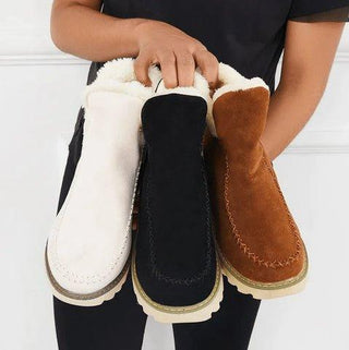 Bottes d’hiver pour femme assorties noir, beige et marron, doublure en fausse fourrure.