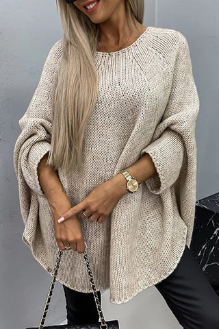 Poncho-blouse en tricot côtelé beige, encolure ronde, manches longues amples
