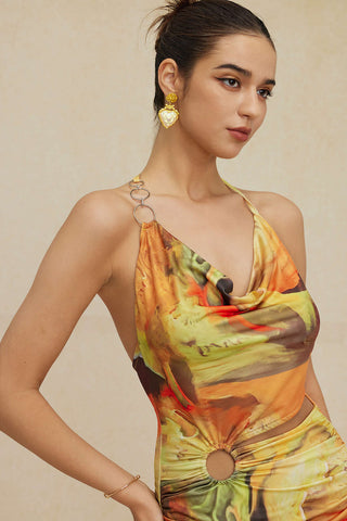 Mira | Robe Mini à Col Halter avec Fente Asymétrique et Imprimé Artistique