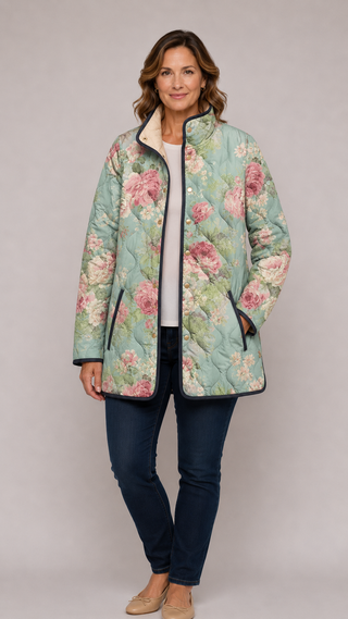 Veste matelassée multicolore à motif floral rétro, fermeture zippée, poches latérales
