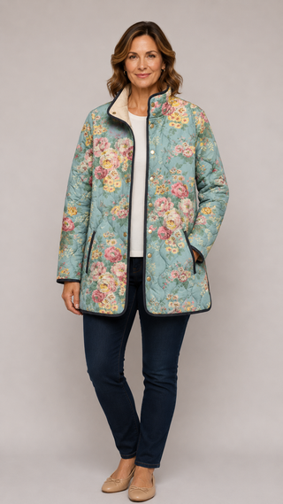 Veste matelassée FINLEY™ imprimée fleurs, bleu clair, zippée, poches
