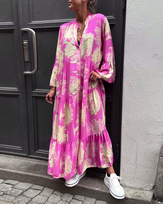 Robe Maxi avec Imprimé, Manches Volantes & Col Montant – Élégante & Aérée