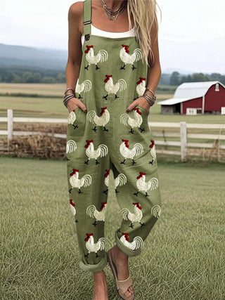 Combinaison Rise & Roost vert olive à motifs de poules, bretelles ajustables