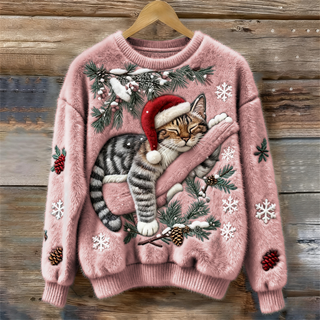 Pull femme rose à motif chat festif: flocons, branches de sapin et gants