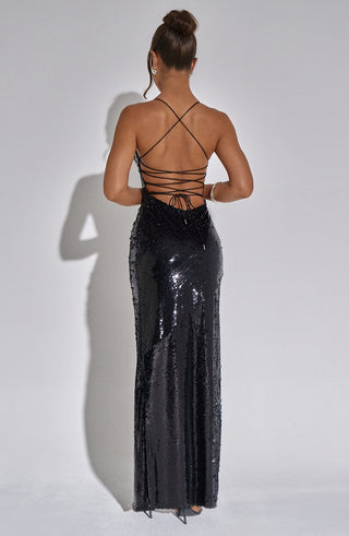 Dyonne | Robe à paillettes noires avec fente et bretelles spaghetti
