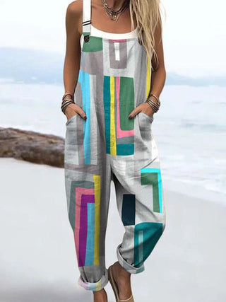 Combinaison à bretelles, pantalon ample, imprimé géométrique multicolore.