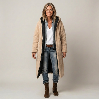 Manteau matelassé réversible beige, capuche doublée effet fourrure