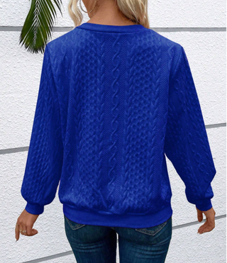 Pull à fermeture éclair, bleu, vue de dos, maille torsadée, manches longues