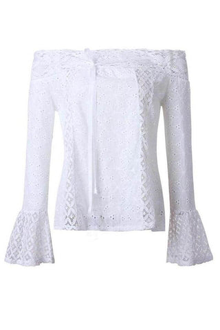 Blouse dentelle blanche épaules dénudées, manches évasées, empiècement ajouré central