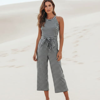Combinaison en lin rayée sans manches noire et blanche, ceinture à nouer, pantalon large court