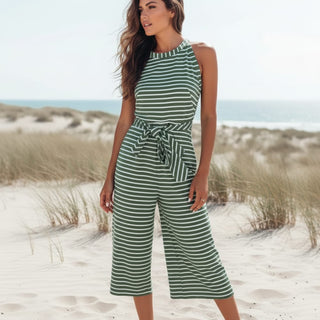 Combinaison en lin rayée sans manches vert et blanche, ceinture à nouer, pantalon large court