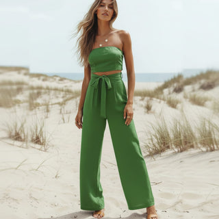 Combinaison en lin vert sans bretelles avec pantalon ample et nœud à la taille
