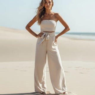 Combinaison en lin blanche sans bretelles, buste élastique, pantalon ample et nœud