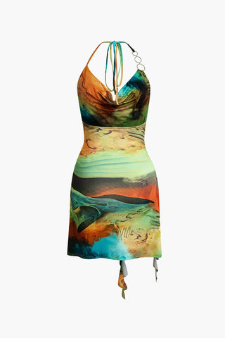 Mira | Robe Mini à Col Halter avec Fente Asymétrique et Imprimé Artistique