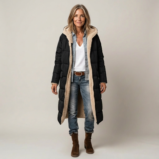 Manteau matelassé réversible noir, capuche doublée effet fourrure beige