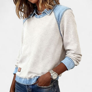 Pull femme beige à col en jean superposé, manches longues, patch cuir sur le côté