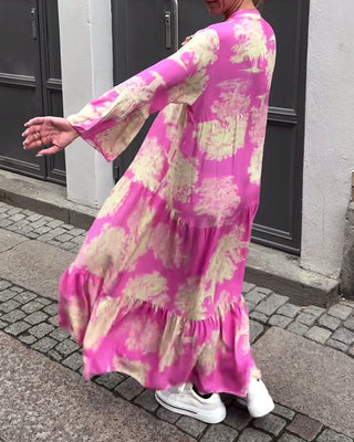 Robe Maxi avec Imprimé, Manches Volantes & Col Montant – Élégante & Aérée
