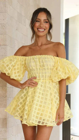 Carolyn | Robe Mini Jaune Sans Épaules avec Manches Bouffantes et Motif Losange Transparent