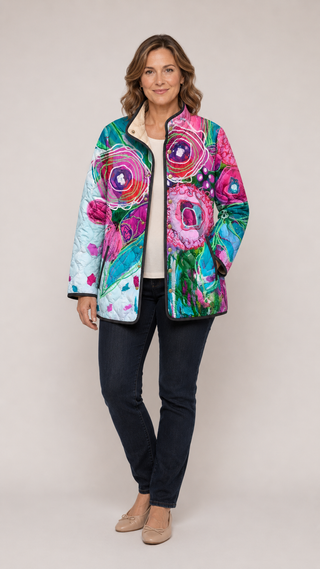 Veste CALLIOPE™ multicolore à motif floral, fermeture zippée et col montant