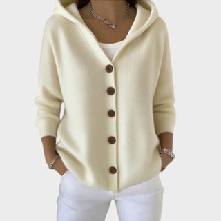 Cardigan en maille de coton à capuche, patte boutonnée, beige clair.