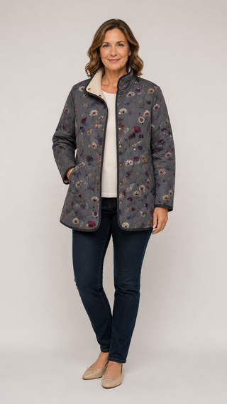 Veste matelassée REINA™ gris foncé imprimé floral vintage multicolore, zip et boutons
