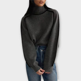 Pull à col montant gris anthracite en maille côtelée, bas et poignets côtelés